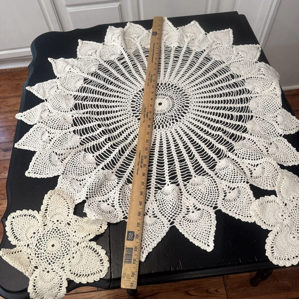 Cream Doily Crocheted 34 Inches Round Table Topper Vintage And 2 Small 11